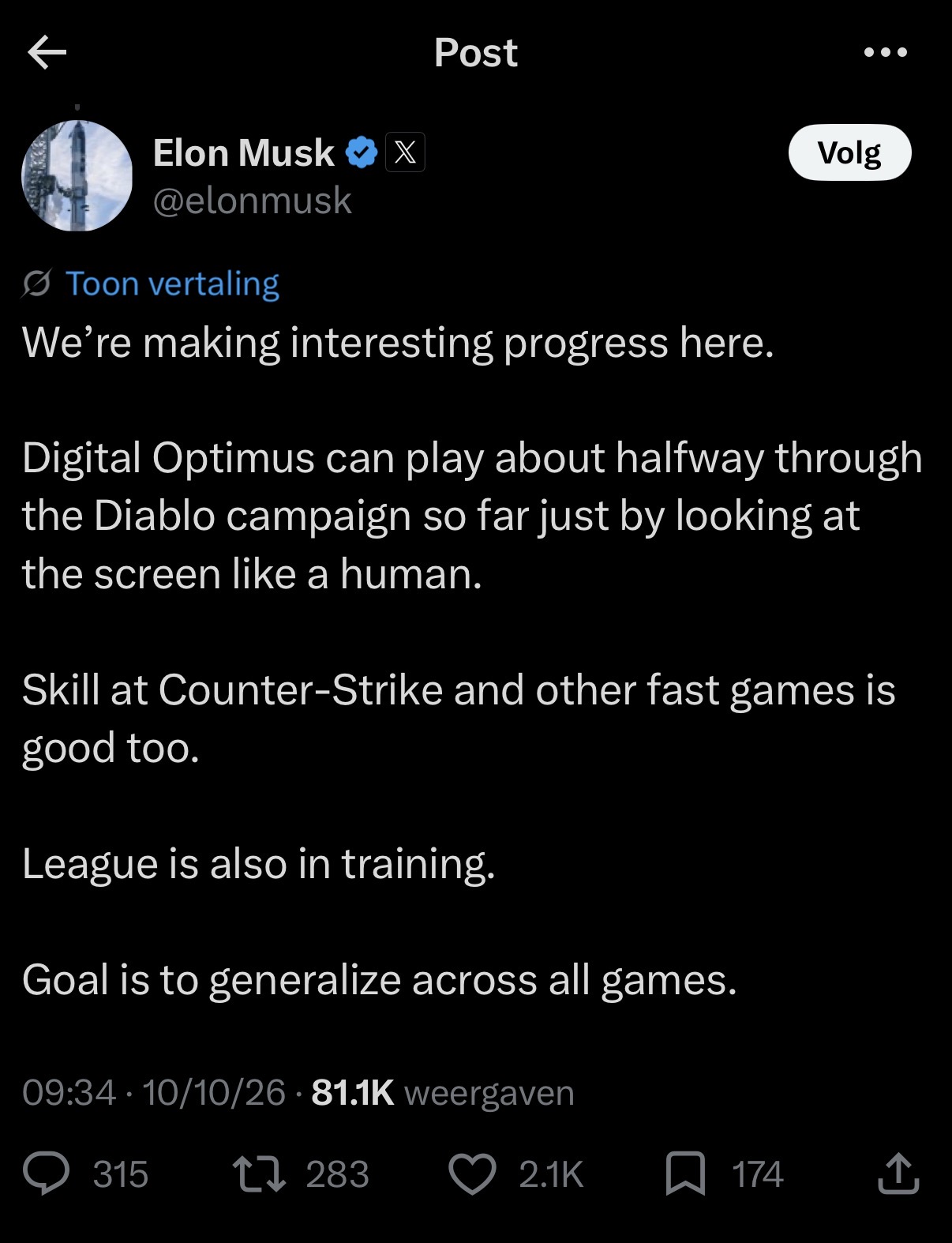 Screenshot of the X post that inspired Digital Optimus